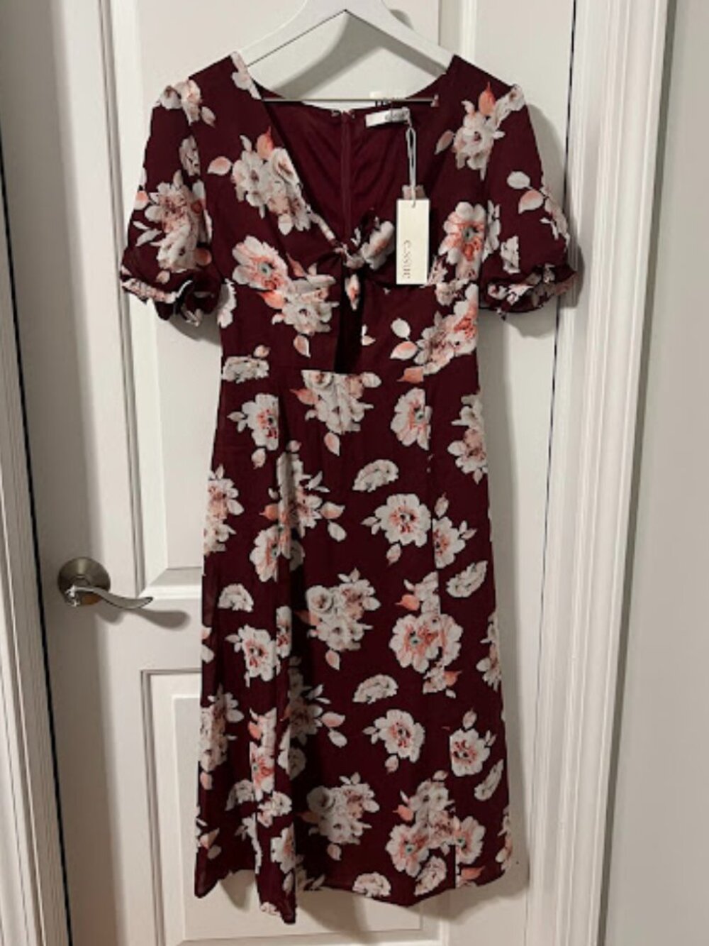 NWT E.ssue Floral Tie Front Cutout Midi Dress, Maroon/White - Size Small